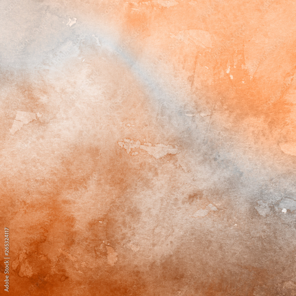 Orange with brown ink and watercolor textures on white paper background. Paint leaks and ombre effects. Hand painted abstract image.
