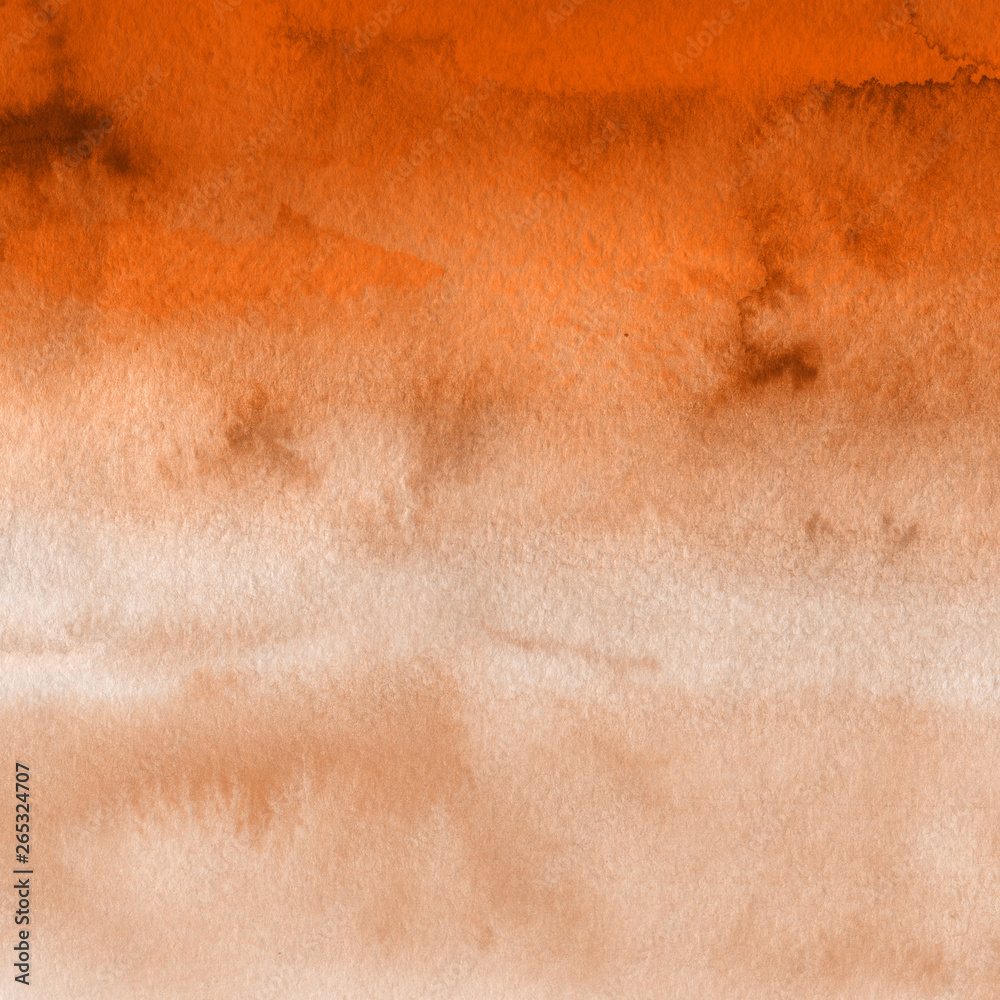 Fototapeta premium Orange with brown ink and watercolor textures on white paper background. Paint leaks and ombre effects. Hand painted abstract image.