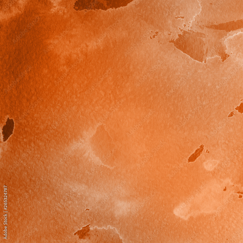 Fototapeta premium Orange with brown ink and watercolor textures on white paper background. Paint leaks and ombre effects. Hand painted abstract image.