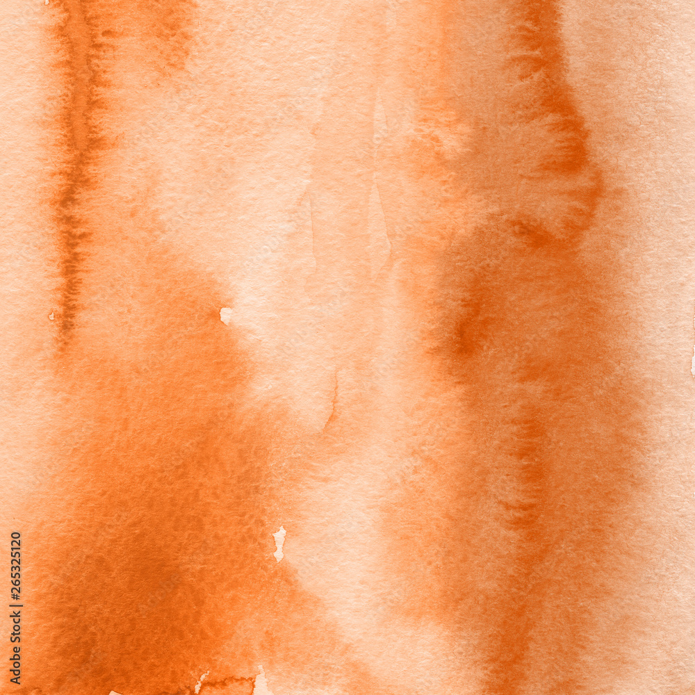 Fototapeta premium Orange with brown ink and watercolor textures on white paper background. Paint leaks and ombre effects. Hand painted abstract image.