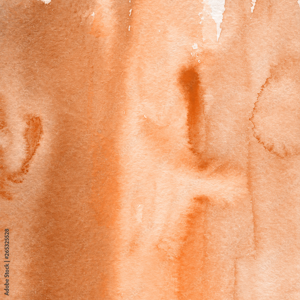 Fototapeta premium Orange with brown ink and watercolor textures on white paper background. Paint leaks and ombre effects. Hand painted abstract image.
