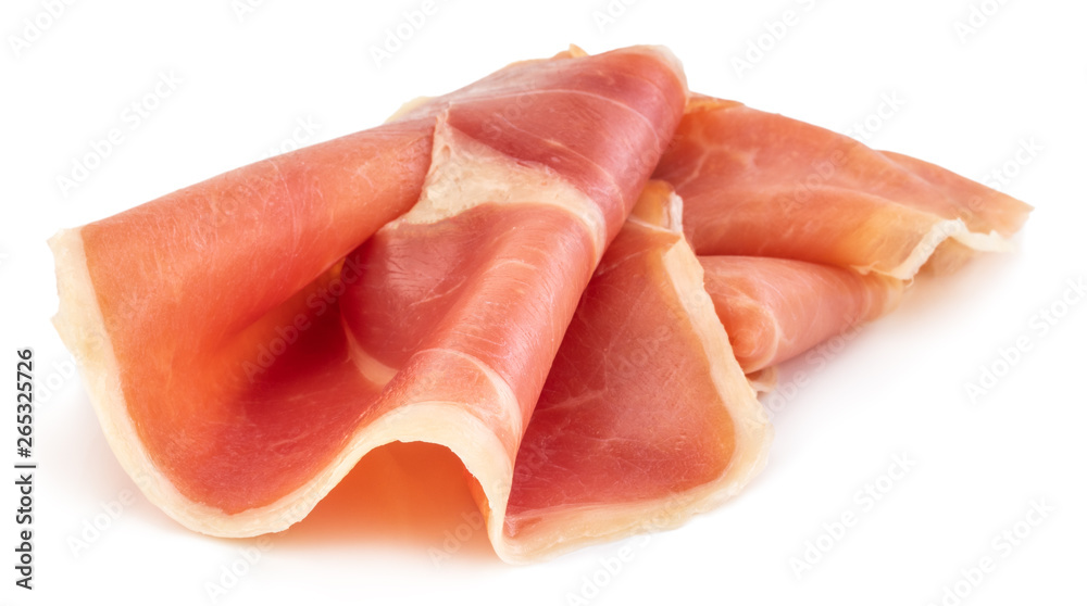 Italian prosciutto crudo or jamon. Raw ham. Isolated on white background Italian prosciutto crudo or jamon. Raw ham. Isolated on white background