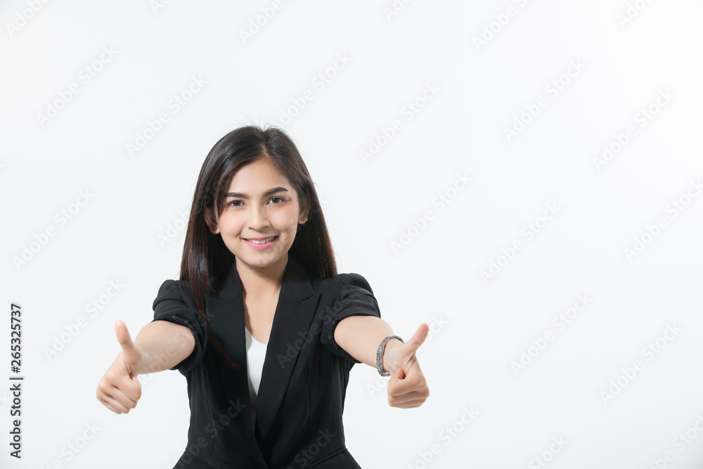 Asian business women are smiling and Thump up hand sign for working happy and Success and winning concept on white background Asian business women are smiling and Thump up hand sign for working happy and Success and winning concept on white background
