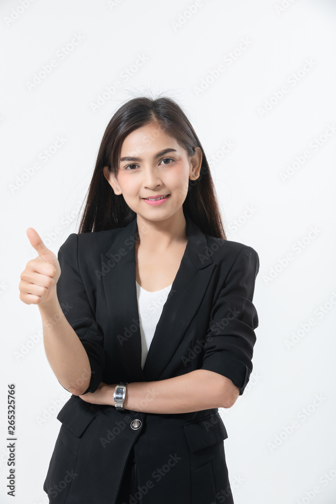 Asian business women are smiling and Thump up hand sign for working happy and Success and winning concept on white background Asian business women are smiling and Thump up hand sign for working happy and Success and winning concept on white background