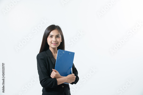 Asian business women are smiling and holding with clipboard for working happy on white background