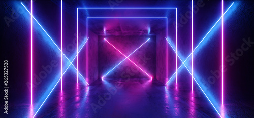 Vibrant Neon Background Glowing Purple Blue Pink Violet Path Track Gate Entrance Sci Fi Futuristic Virtual Reality Dark Tunnel Concrete Grunge Reflective Laser Lights 3D Rendering