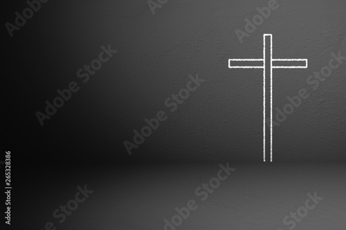 Jesus Christ Cross Drawing on Dark Concrete Wall Background.