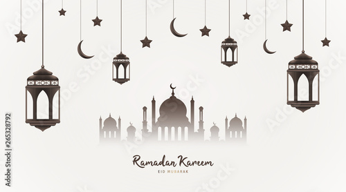 Ramadan Kareem background. Mosque silhouette with hanging lanterns, crescents and stars. Muslim feast of the holy month. Eid Mubarak greeting card template for Ramadan and Muslim Holidays