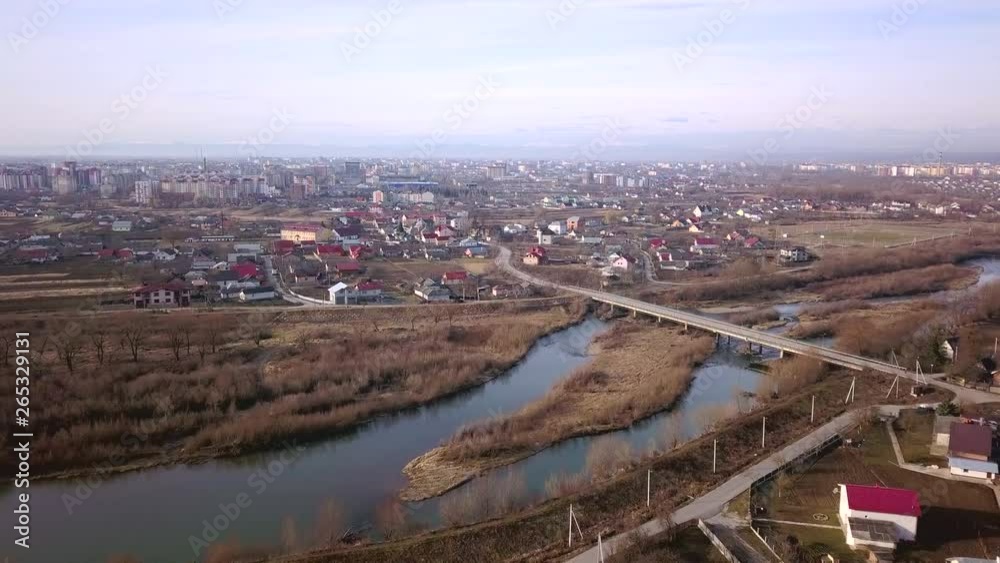 Aerial view of a river and a bridge. Aerial view of a river and a bridge.