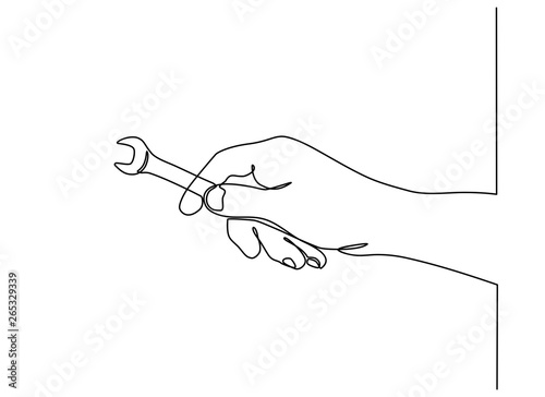 Continuous line drawing of hand holding a wrench. Isolated on a white background