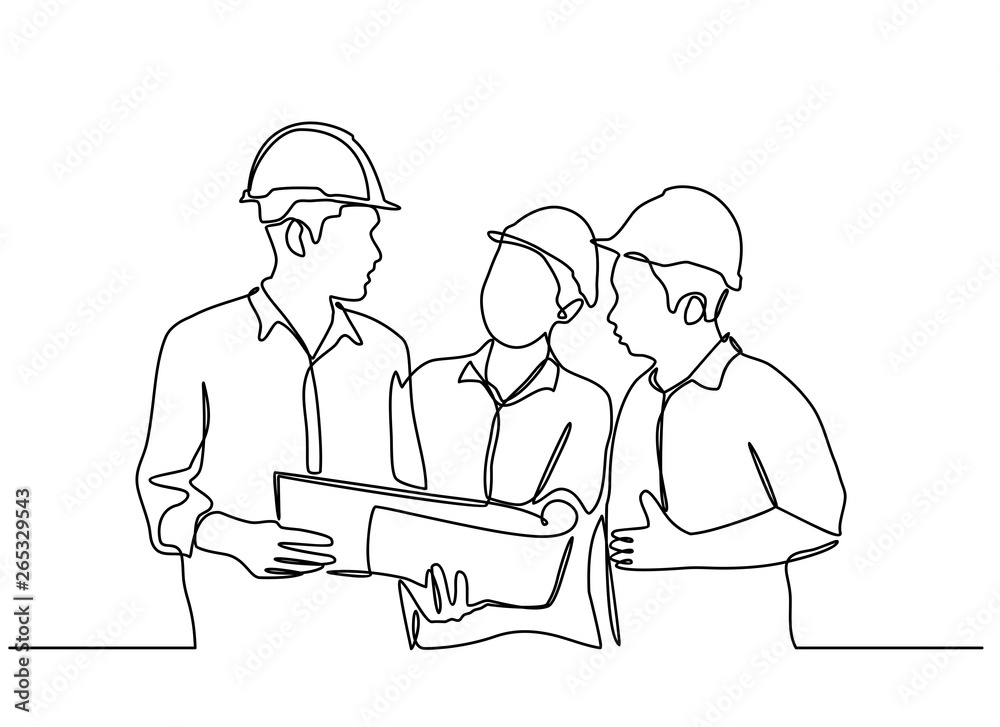 continuous line drawings of some construction workers wearing helmets that stand at meetings and discuss. vector illustration isolated on white background