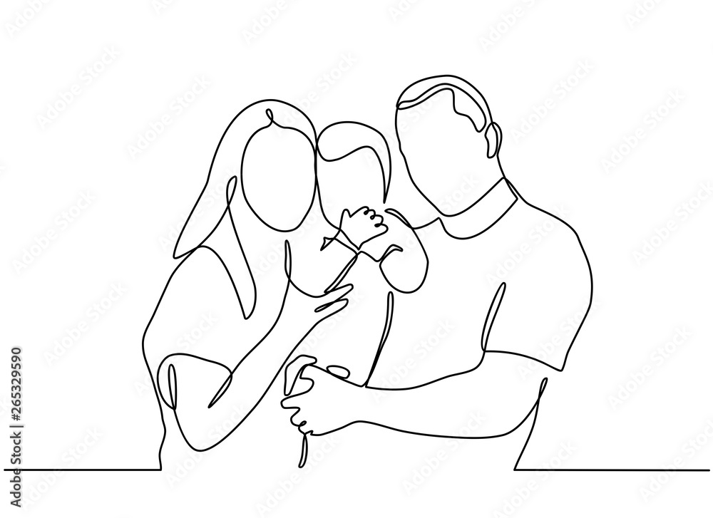 Continuous line drawing of happy family father, mother and one child playing. vector illustration isolated on white background