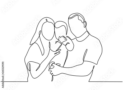 Continuous line drawing of happy family father, mother and one child playing. vector illustration isolated on white background
