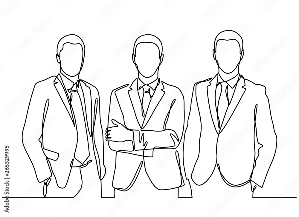 continuous line drawing of three businessman standing. vector illustration isolated on white background continuous line drawing of three businessman standing. vector illustration isolated on white background