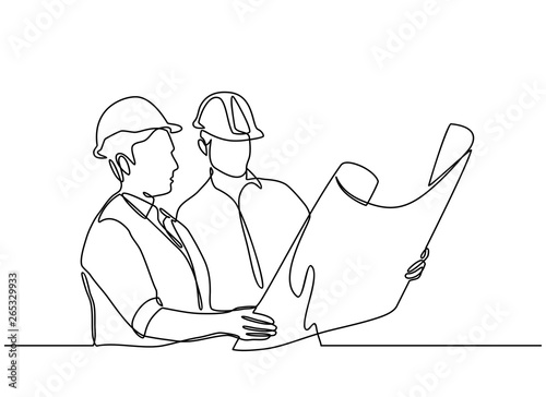continuous line drawings of some construction workers wearing helmets that stand at meetings and discuss. vector illustration isolated on white background