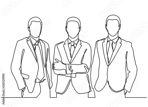 continuous line drawing of three businessman standing. vector illustration isolated on white background