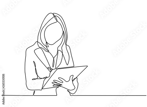 continuous line drawing of office workers standing at business meetings. female administrative manager making notes of information. vector illustration isolated on white background