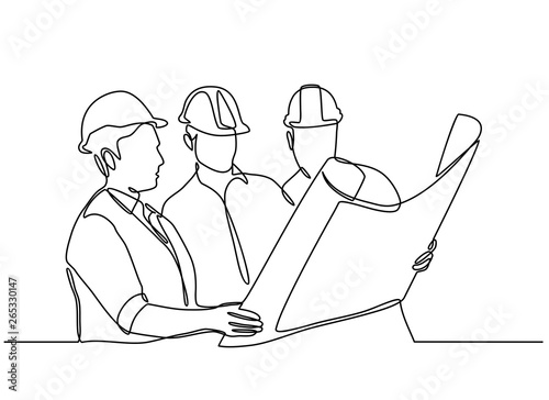 continuous line drawings of some construction workers wearing helmets that stand at meetings and discuss. vector illustration isolated on white background
