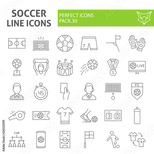 Soccer thin line icon set, football symbols collection, vector sketches, logo illustrations, sport game signs linear pictograms package isolated on white background.