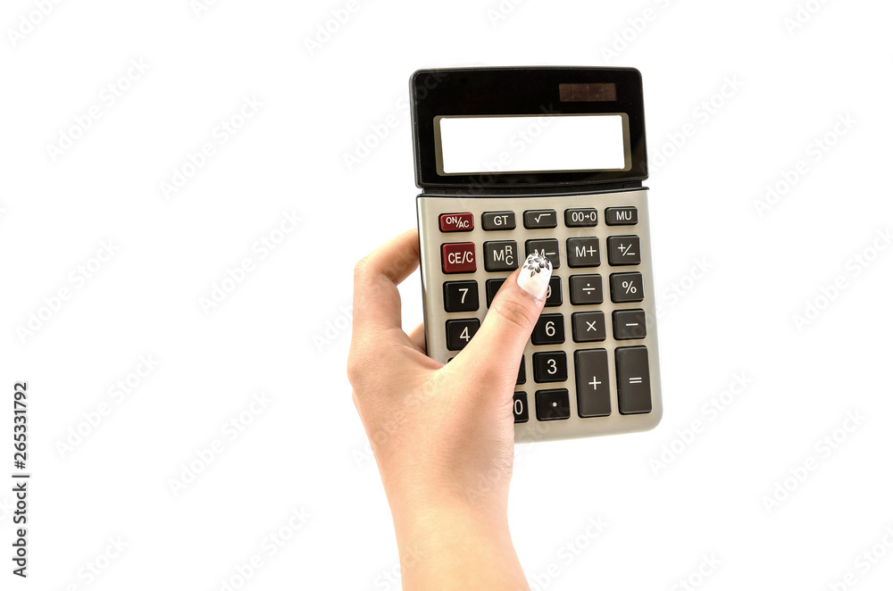 calculator and hand isolated on white background calculator and hand isolated on white background