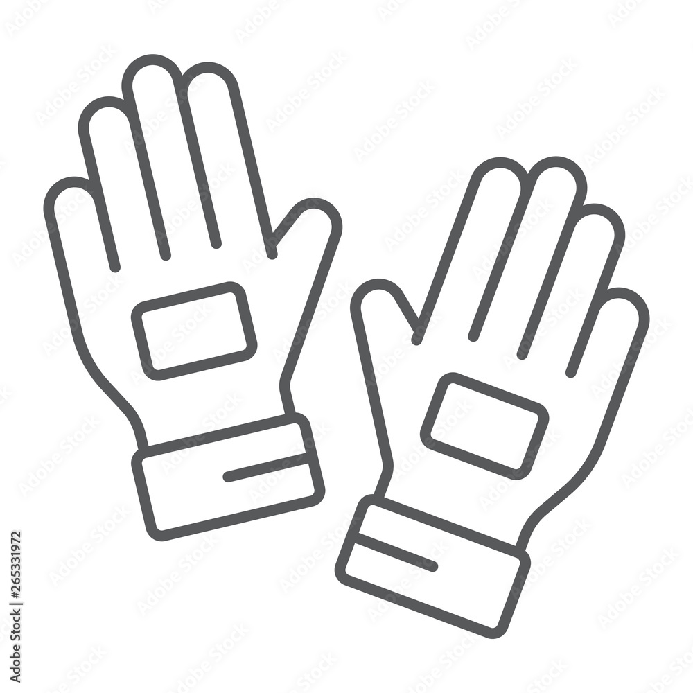 Goalkeeper gloves thin line icon, clothes and football, soccer gloves sign, vector graphics, a linear pattern on a white background. Goalkeeper gloves thin line icon, clothes and football, soccer gloves sign, vector graphics, a linear pattern on a white background.