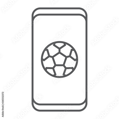 Soccer app on smartphone thin line icon, application and sport, football app sign, vector graphics, a linear pattern on a white background.