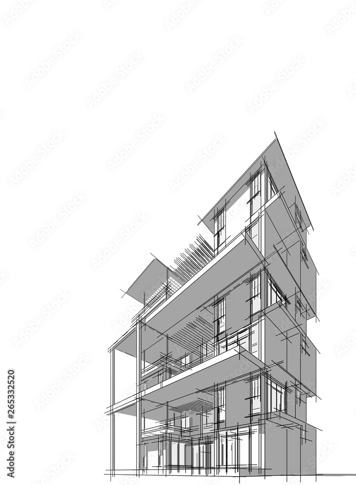 3D illustration architecture building perspective lines. 3D illustration architecture building perspective lines.