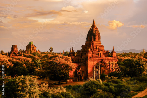 Beautiful morning ancient temples and pagoda in the Archaeological Zone  landmark and popular for tourist attractions and destination in Bagan  Myanmar. Asia Travel concept