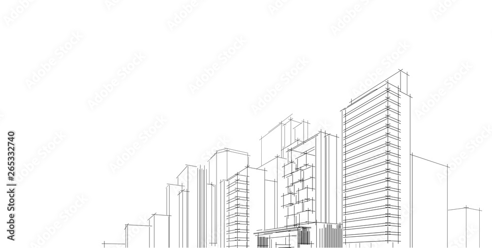 3D illustration architecture building perspective lines.