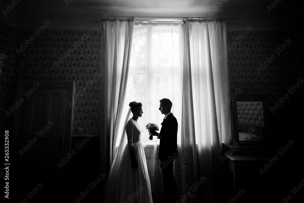 happy luxury bride and groom standing at window light in rich room, black and white photo