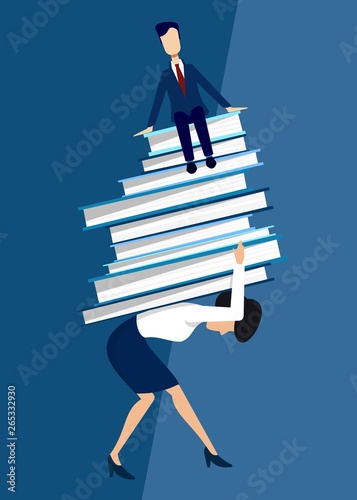 business lady carrying a big heavy pile of documents on which the boss sits