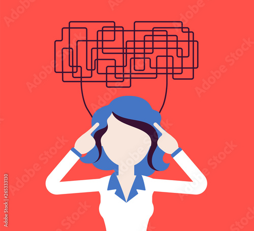 Woman with confused thoughts unable to think clearly for decision. Complicated, chaotic ideas in disorder, manager perplexed with tasks, head full of problems. Vector illustration, faceless character