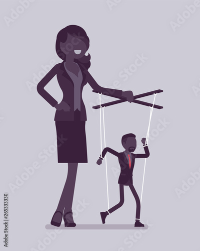 Marionette businessman manipulated and controlled by female puppeteer. Male manager under boss influence, strong woman with authority operates a weak man. Vector illustration, faceless characters