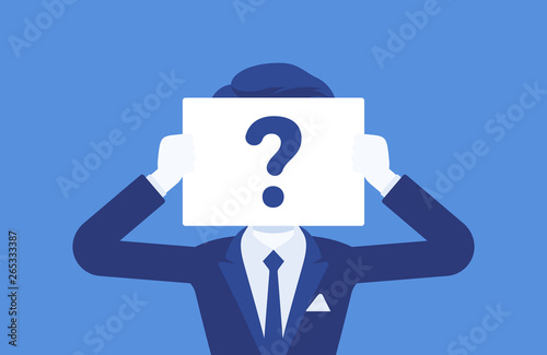 Anonymous man with question mark. Male person not identified by name, unknown user, incognito profile, business secrecy, obscurity, blind date partner. Vector illustration, faceless character photo
