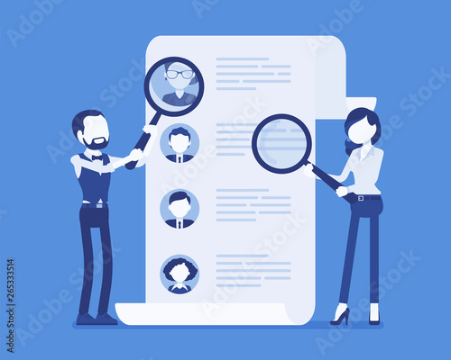 HR managers searching for employee. Male and female workers of recruiting service with magnifying glass looking for best candidate cv, recruitment agency. Vector illustration, faceless characters