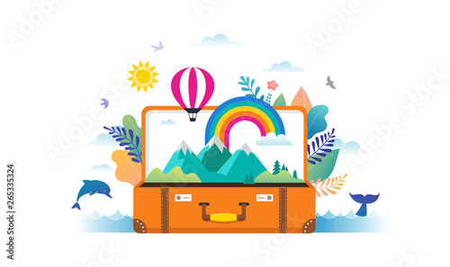 Travel, tourism, adventure scene with open suitcase, leaves, rainbow and miniature people, modern flat style. Vector illustration