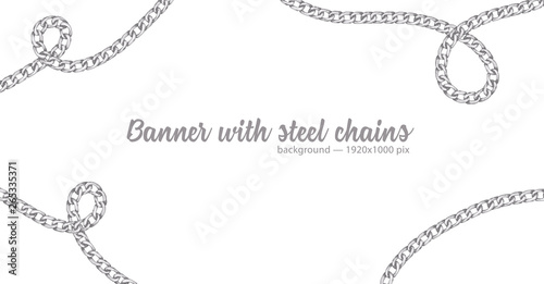 Horizontal web banner with abstract pattern of hand-drawn sketch silver chain isolated on white background