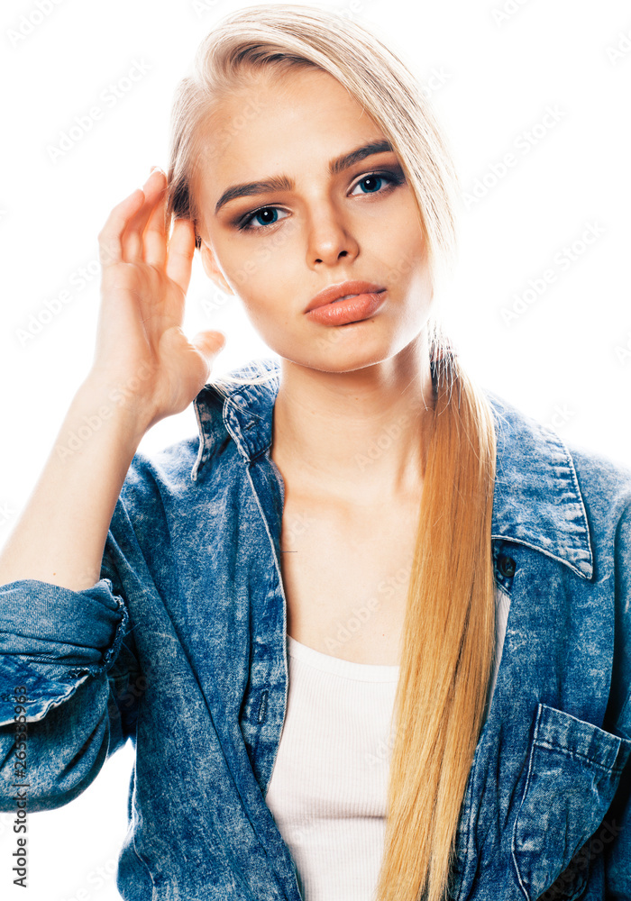 young blond woman on white backgroung gesture thumbs up, isolated emotional posing close up young blond woman on white backgroung gesture thumbs up, isolated emotional posing close up