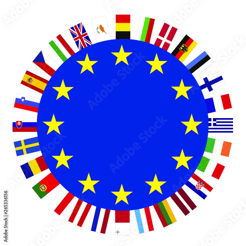 EU- Flaggen der Union und Corona-Virus. Wiederaufbauplan der Union durch Investitionen und Fonds.