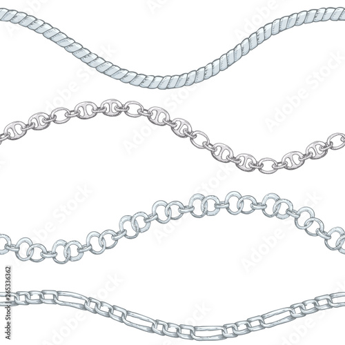 Seamless pattern with retro hand-drawn sketch silver chain on white background. Drawing engraving texture. Great design for fashion, textile, decorative frame, yacht style card