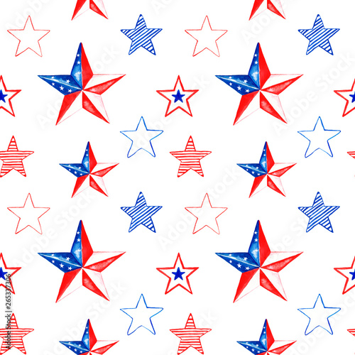 Watercolor memorial day seamless pattern with hand painted red, white and blue stars. Festive 4th of july repeat background.