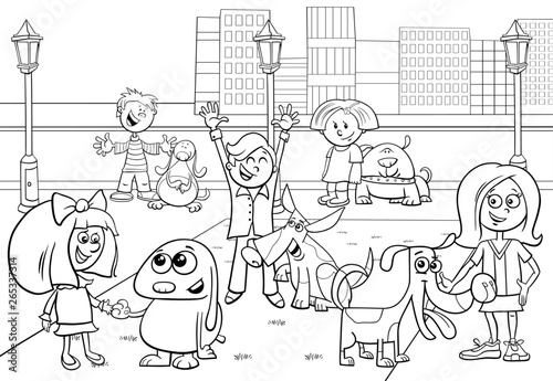 cartoon kids with dogs coloring page