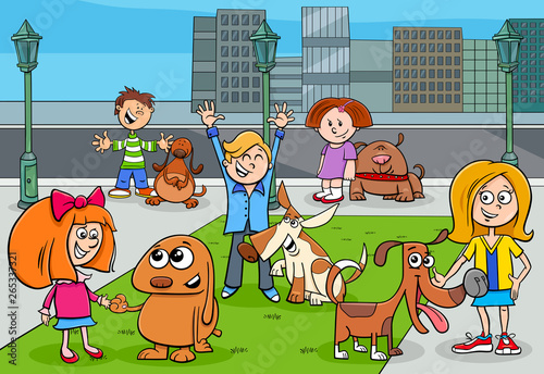cartoon kids with dogs in the city park