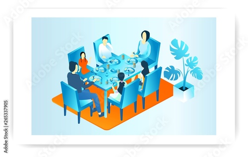 large family dinner isometric illustration concept. eps 10