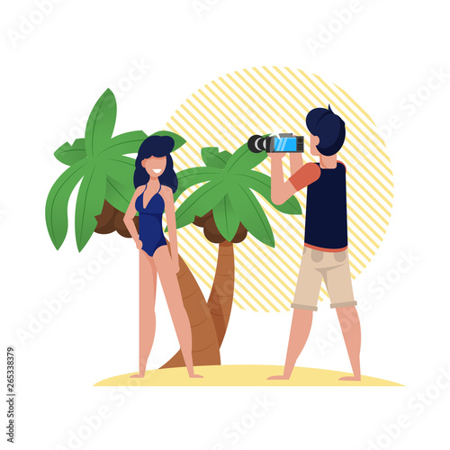 Photo Session on Beach with Palm Trees, Cartoon. 