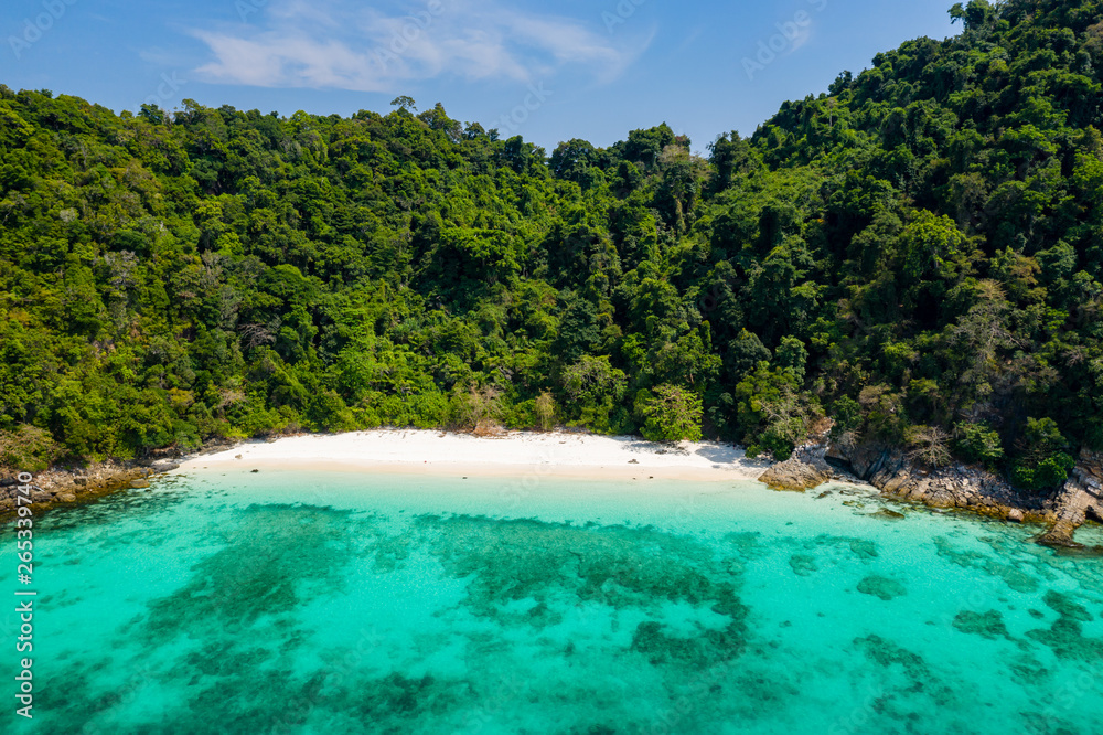 Aerial drone view of a tropical beach on a green, deserted island