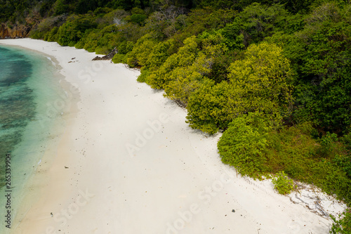 Aerial drone view of a lush, green tropical island with sandy beach