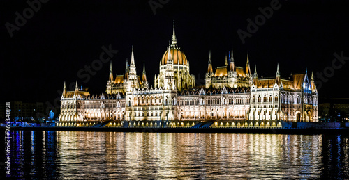 Night shot of The Hungarian Parliament Building on the bank of the Danube in Budapest