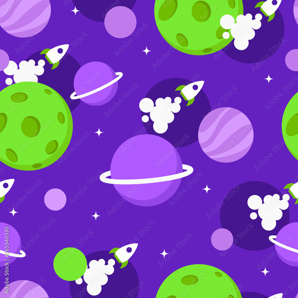 Space seamless pattern. Planets and stars. Vector cartoon illustration.