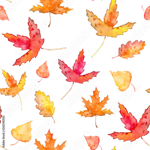 Watercolor seamless Pattern Autumn Leaves on blank Background hand drawn